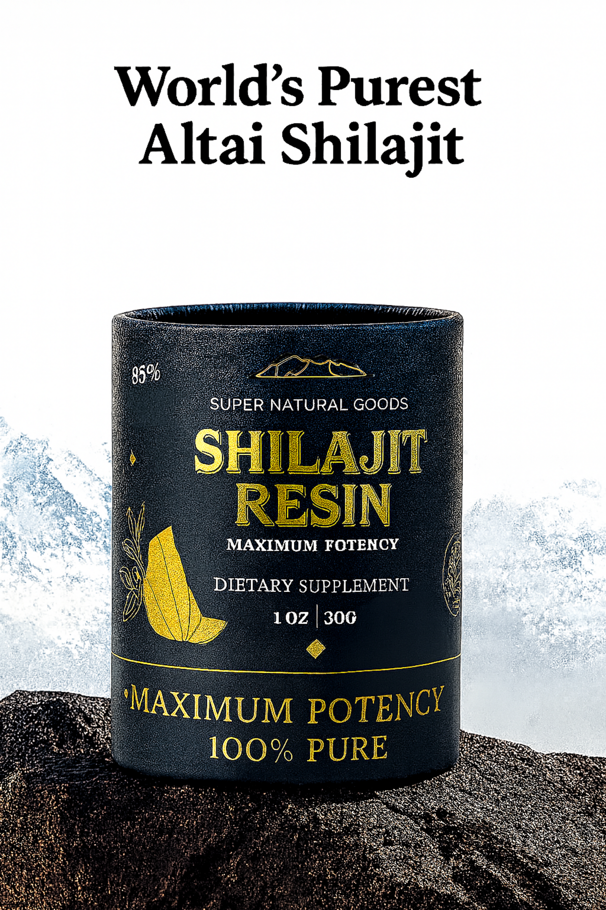 Shilajit resin supplement container with mountainous background