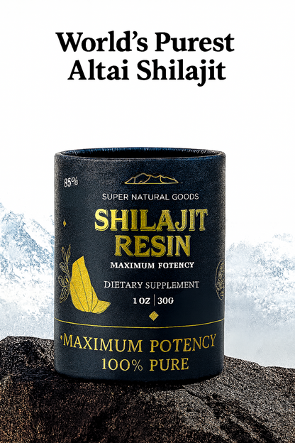 Shilajit resin supplement container with mountainous background